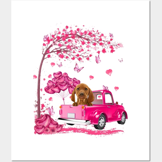 Valentine's Day Love Pickup Truck Vizsla Wall Art by Vintage White Rose Bouquets